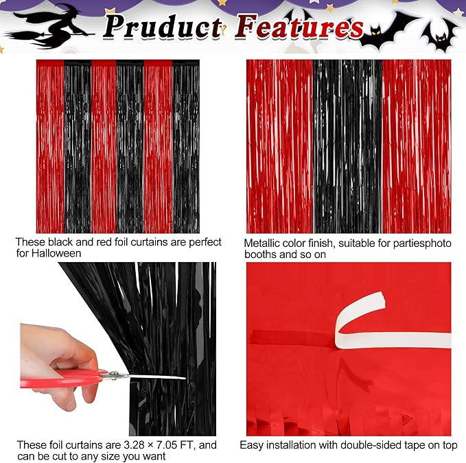 2 Pack Backdrop Curtains, 3.28 FT x 7.05 FT Black and Red Party Decor, Metallic - Image 4