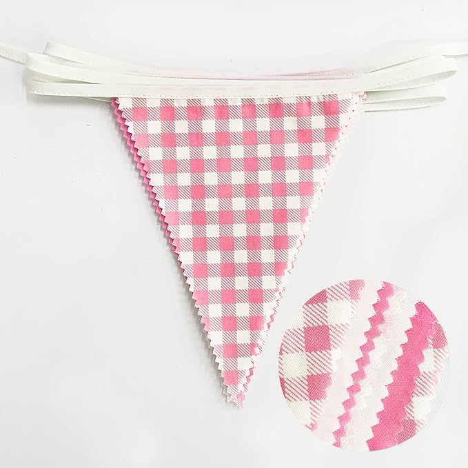 32Ft Hot Pink Plaid Checkered Pennant Banner Fabric Gingham Triangle Flag - Image 2