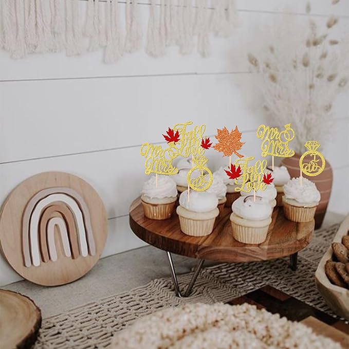 24 PCS Fall in Love Cupcake Toppers Glitter Maple Leaf Cupcake Picks Mr & Mrs - Image 5