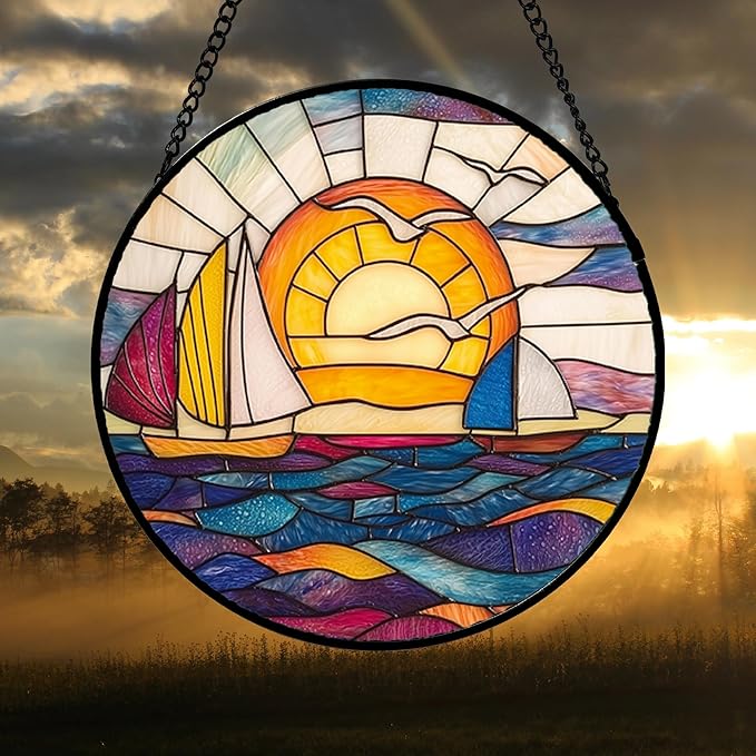 Stained Glass Window Hanging, Sailboat and Waves Suncatcher Diamond Glass Panel - Image 4