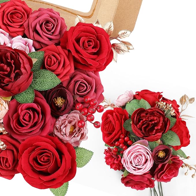 AmyHomie Red Artificial Flowers Combo Silk Mix Peony Rose Fake Flowers w/Stem - Image 8