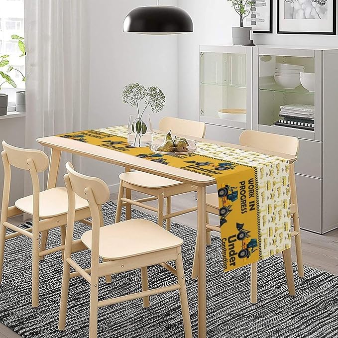 Cartoon Car Table Runner, Boys Kids Construction Vehicles Truck Yellow Print - Image 6