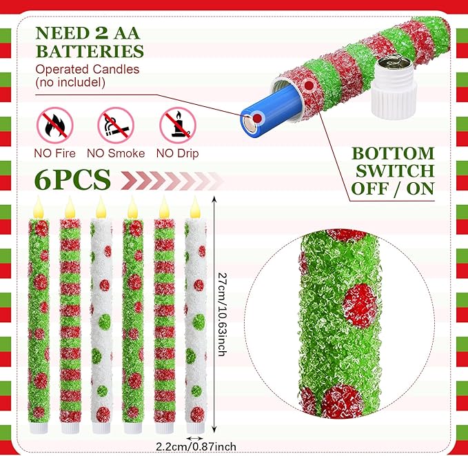 Baquler 6 Pcs Christmas Flameless Taper Candles 10.6 Inch Elf Theme Candles - Image 2