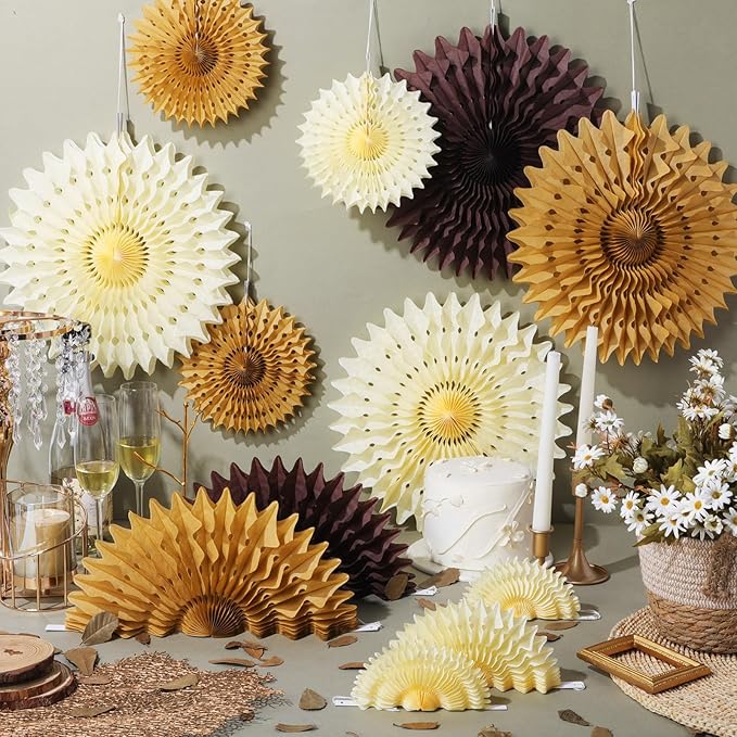 Outus 12 Pcs Hanging Honeycomb Paper Fans Sets, Fiesta Brown and Beige Party - Image 3