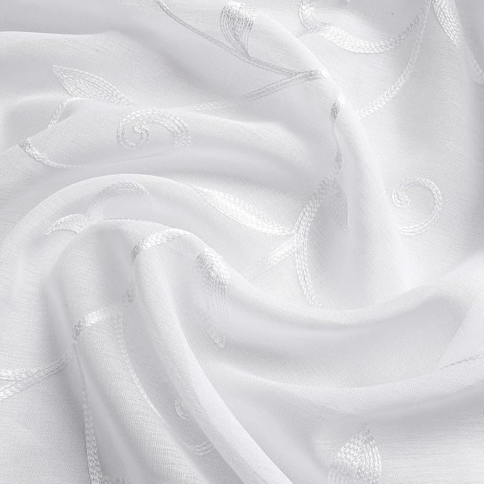 VISIONTEX White Leaves Sheer Voile Curtains, Decorative Embroidery Rod Pocket - Image 4