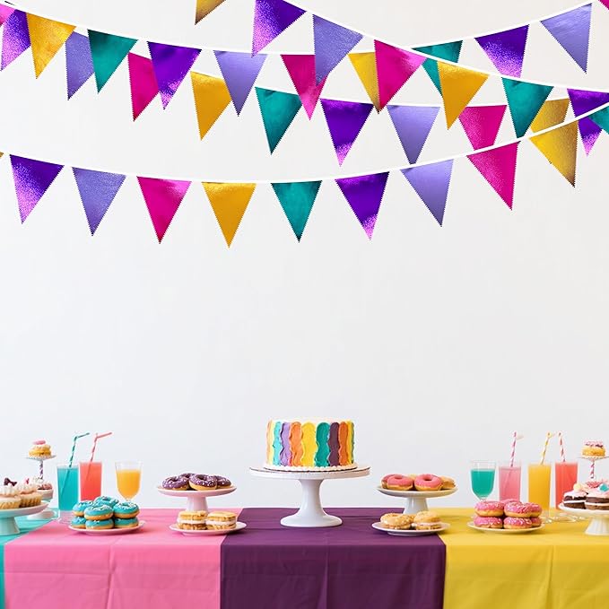 Colorful Party Decorations Hot Pink Teal Purple Metallic Fabric Triangle - Image 6