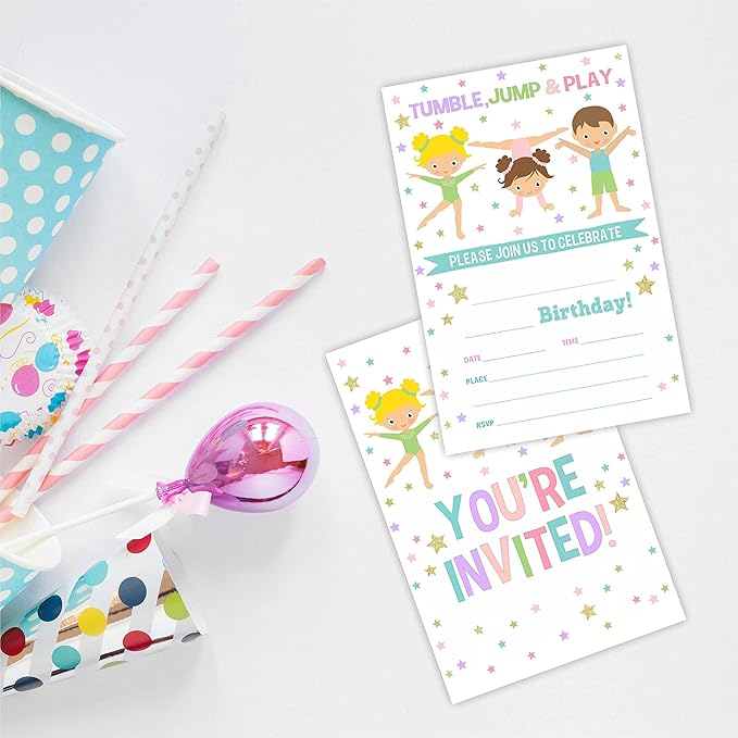 Gymnastics Birthday Party Invitation, Tumble Jump & Play Invite Cards（20 Count) - Image 3
