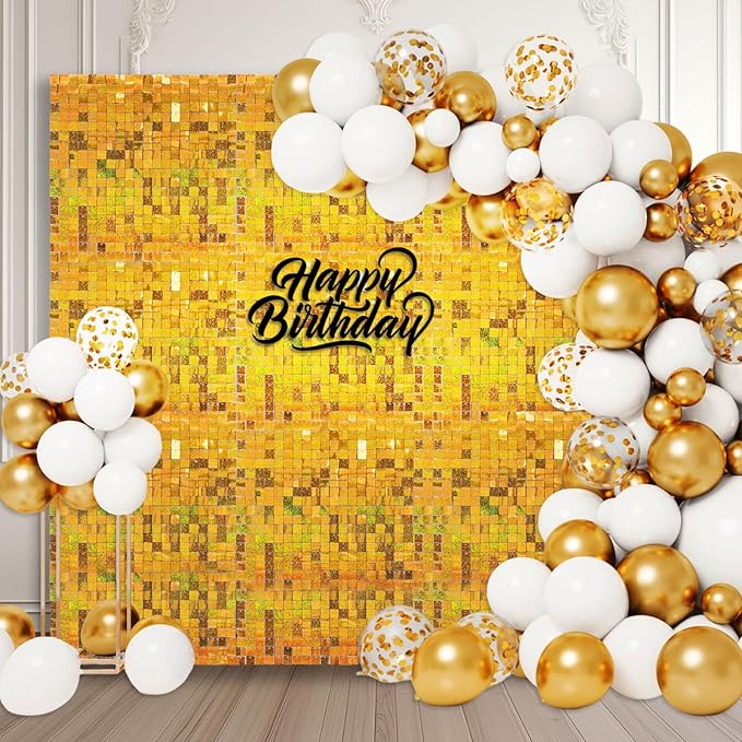 12PCS Gold Shimmer Wall Backdrop, Laser Square Sequin Photo Backdrops Panel by ZEBMOON
