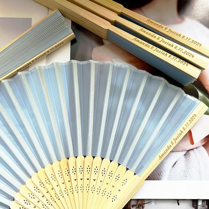 Personalized Engraved Light Blue Fans Folding Hand Fans 80 Pcs, Summer Wedding - Image 6