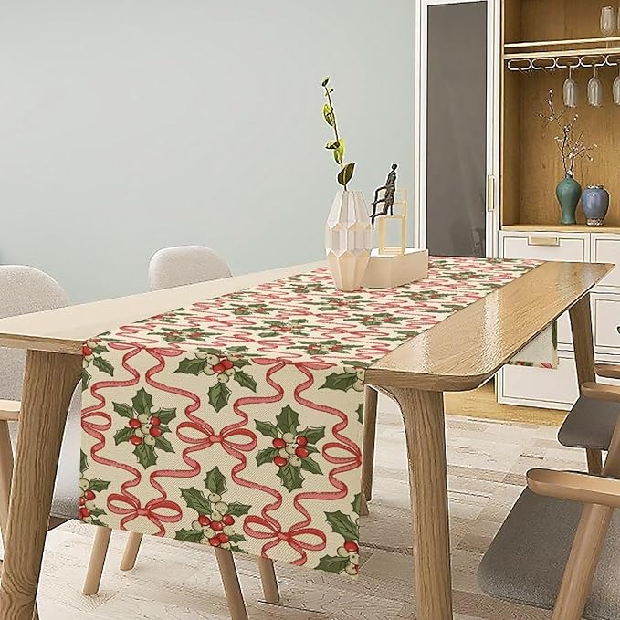Christmas Table Runner, Xmas Holiday Bowknot Decor Table Cloth Kitchen Dining - Image 2