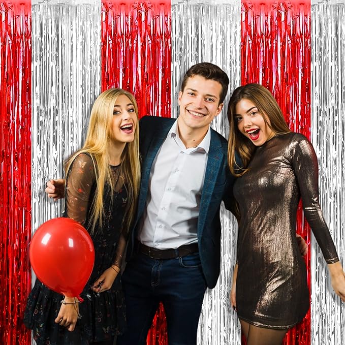4 Pack Silver Red Foil Fringe Curtain Backdrop, 3.28Ft x 8.2Ft Metallic Tinsel - Image 7