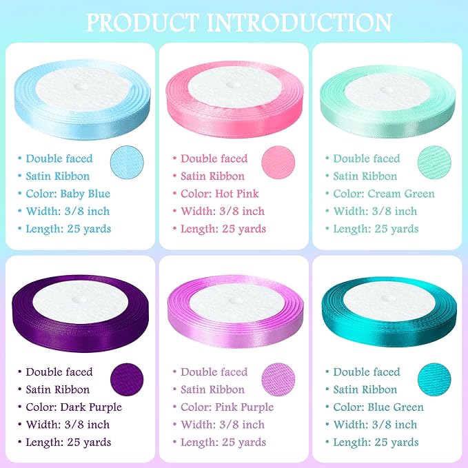 3/8" 6 Colors X 25 Yards Pink Green Blue Satin Ribbon, 150 Yards Assorted - Image 3