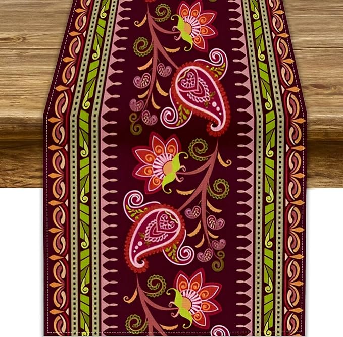 Dark Red Paisley Table Runner, Vintage Boho Paisley Flowers Geometric Print by JanJCurt