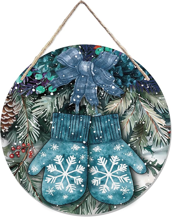 Navy Blue Winter Christmas Wooden Sign, Winter Snowflake Gloves Blue Plaid Bow by CGBHW