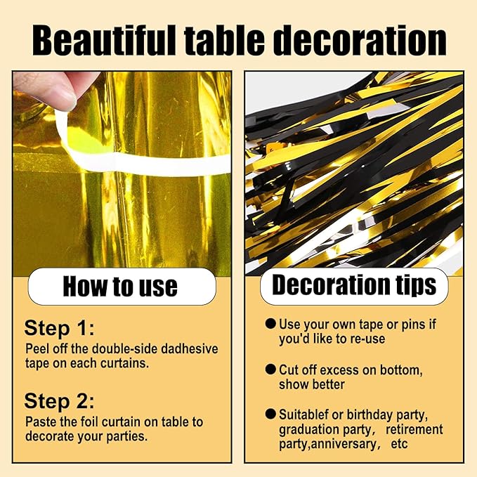 3 Pack 29 x108 Inch Black Gold Foil Fringe Table Skirts Metallic Banner - Image 3