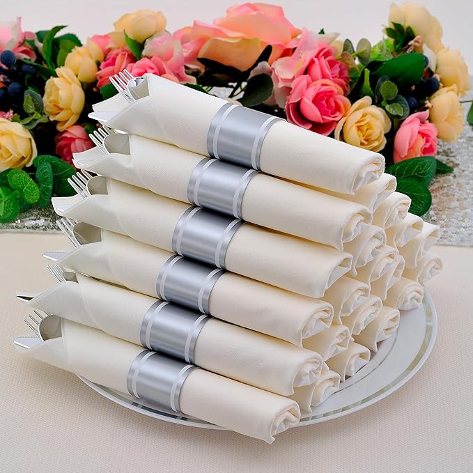 100 Pack Pre Rolled Silver Plastic Silverware Set - Image 6