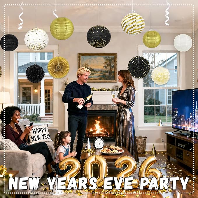 14Pcs Black and Gold Party Decorations, Hanging Paper Lanterns Fans Tissue - Image 7