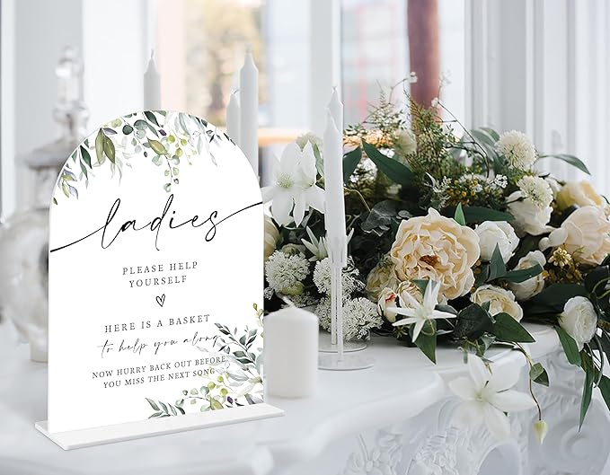 2 Pcs Greenery Wedding Bathroom Ladies & Gents Signs, 6 x 8 Inch White Arch - Image 4