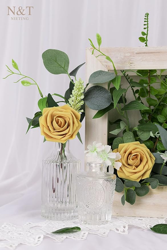 N&T NIETING Artificial Flowers 50pcs Real Looking Gold Yellow Foam Fake Roses - Image 7