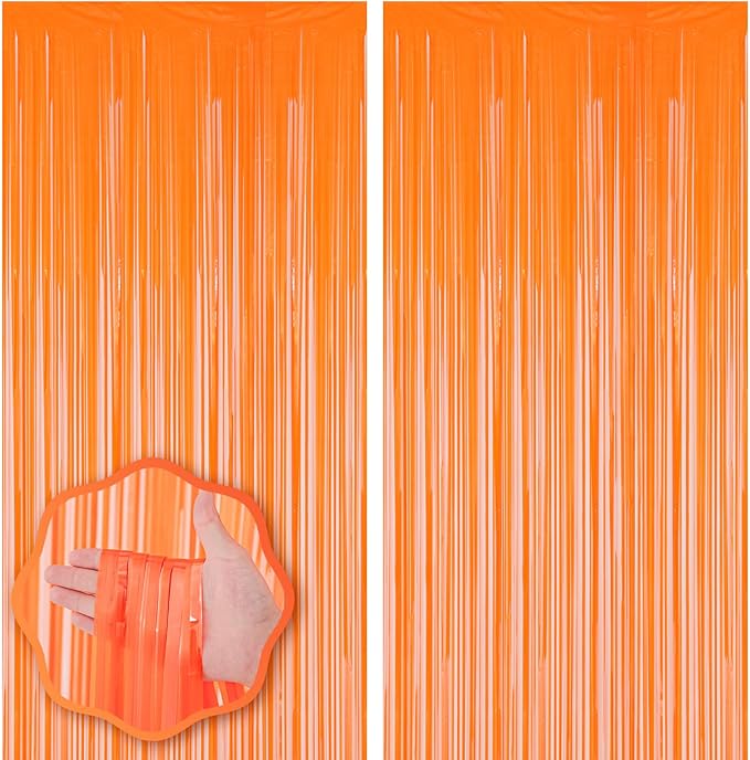 2 Pack Orange Foil Fringe Backdrop Curtains, Tinsel Streamers Birthday Party by Voircoloria