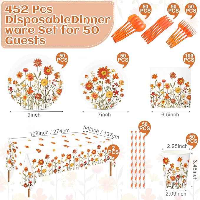 452 Pcs Fall Floral Party Supplies Orange Wildflower Tableware Set, Fall Floral - Image 3