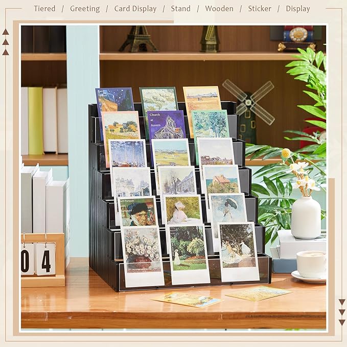 6 Tier Greeting Card Display Stand Black Bamboo and Acrylic Sticker Display - Image 4