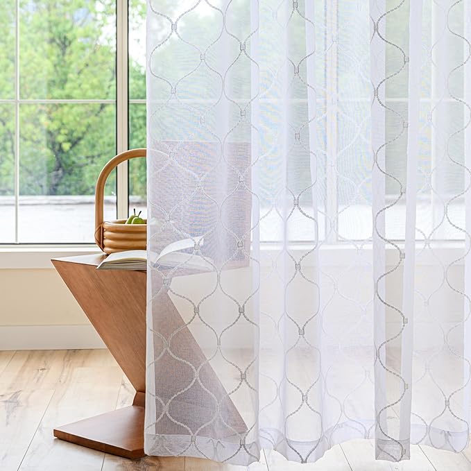 Embroidered Wave Diamond Sheer Curtains White 95 Inches, Window Treatments Rod - Image 6