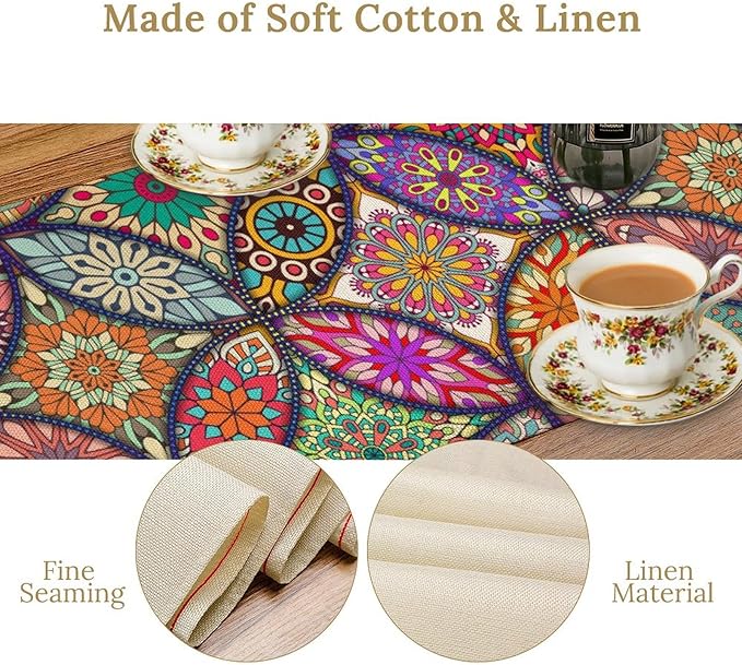 Boho Floral Table Runner, Colorful Flower Retro Bohemian Table Cloth Kitchen - Image 5