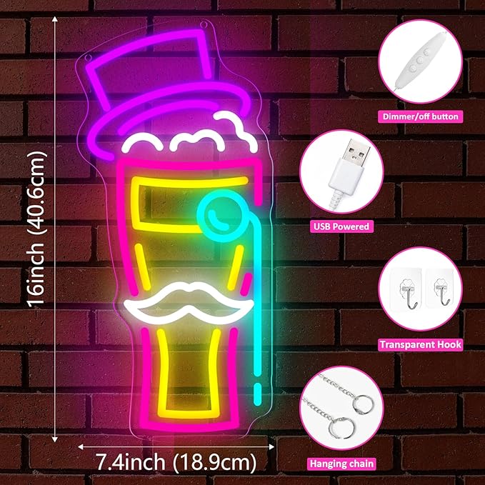 BEER Neon Sign for Wall Decor, Gentleman Neon Bar Signs for Home Bar Pub Party - Image 2