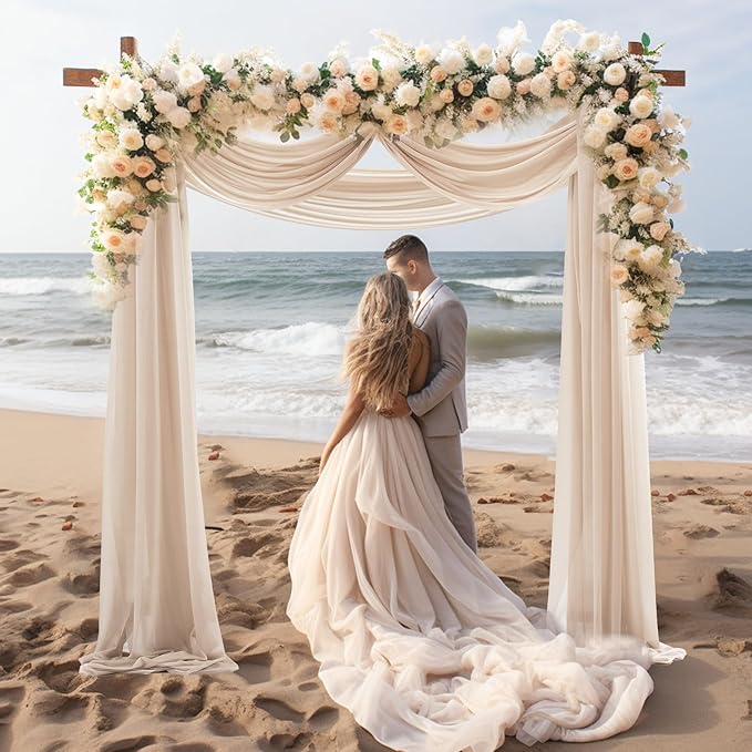 30" x 20Ft Wedding Arch Draping Fabric, 3 Panels Dark Champagne Sheer Curtain - Image 5