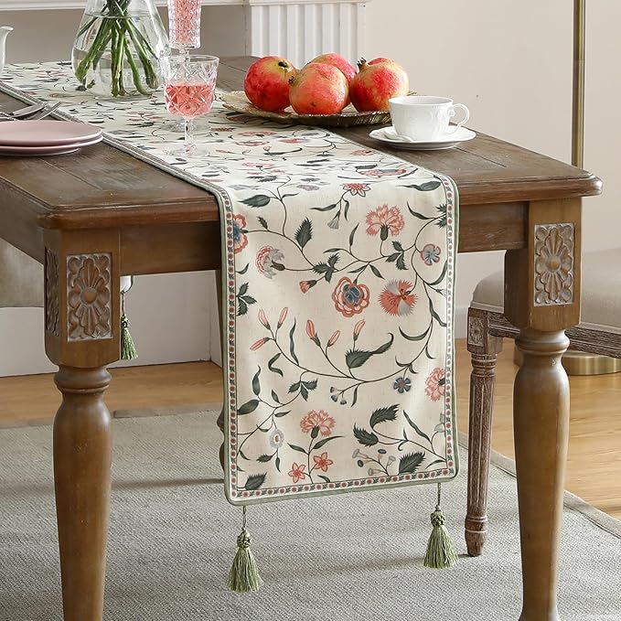 ISAENNE Designer Chinoiserie Elegant Linen Floral Table Runner 87 Inches Long - Image 2