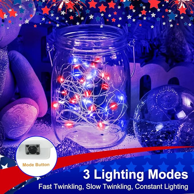 btfarm 4th of July Patriotic Fairy Lights Battery Operated, 30 Pack Red White - Image 4