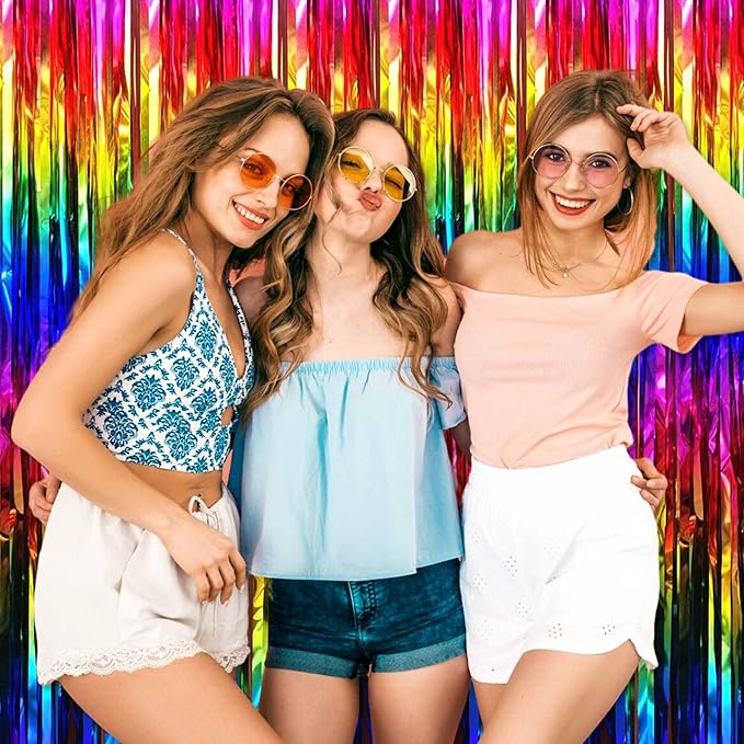 6 Pack Rainbow Foil Fringe Curtains Backdrop, 3.28 x 8.2 Ft Metallic Streamers - Image 6