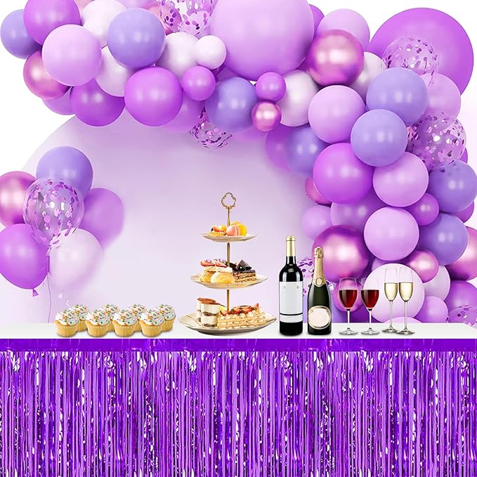 3 Pack 29x108 Inch Purple Foil Fringe Table Skirts Metallic Banner - Image 5