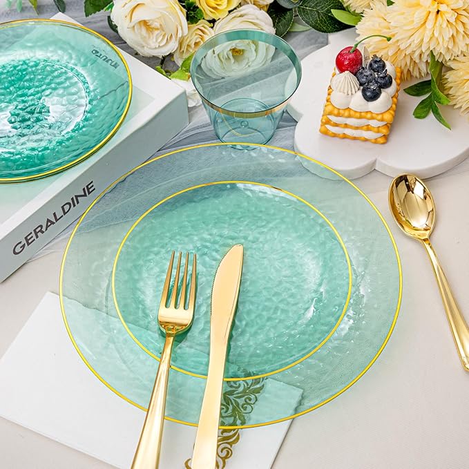 Rubtlamp 175 Pcs Green Plastic Plates Dinnerware Set, Hammered Plates Sets - Image 8