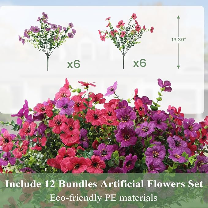 Artificial Flowers for Outdoors 12 Bundles, UV Resistant Colorful Fake Silk - Image 3