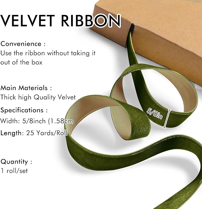 Olive Green Velvet Ribbon 5/8'' 25 Yards - Image 2