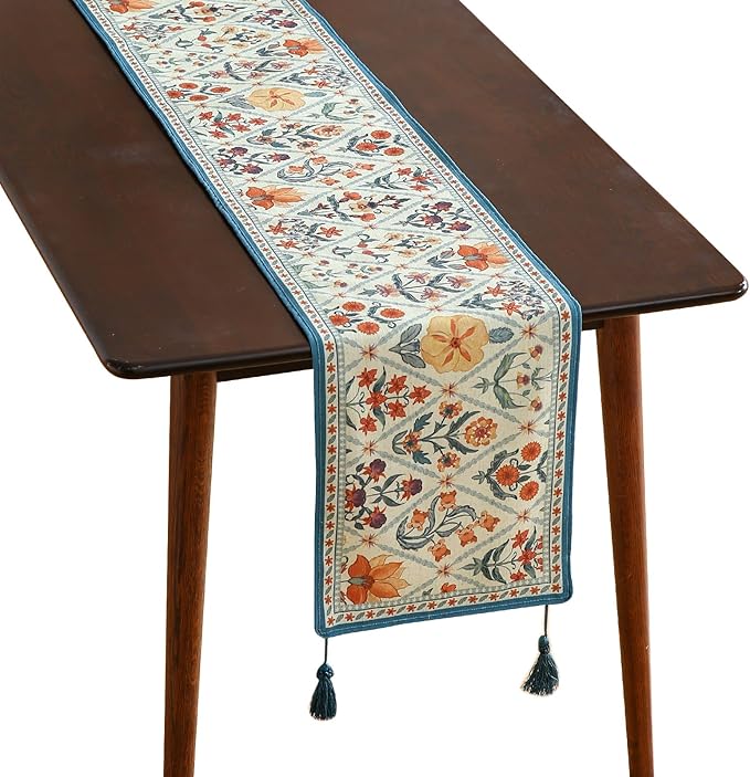 ISAENNE Designer Bohemian Elegant Linen Table Runner 87 Inches Long, Colorful by Isaennehomedecoration
