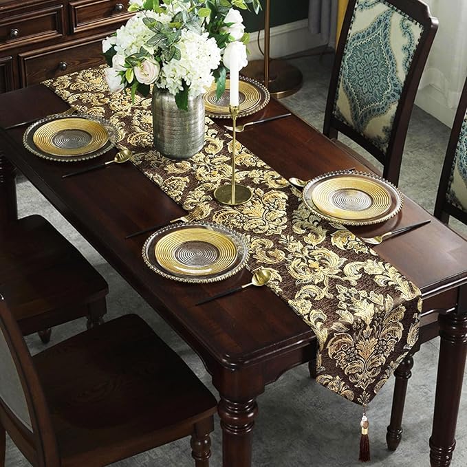 Sophisticated Jacquard Dark Brown Chenille Table Runner - Image 3
