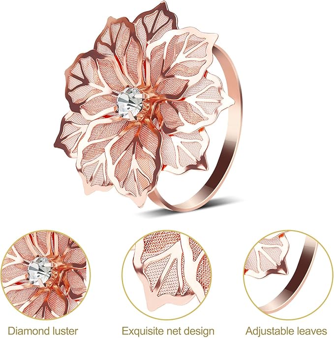 KPOSIYA Flower Napkin Rings Holder Metal Rose Gold Napkin Rings Set of 6 - Image 5
