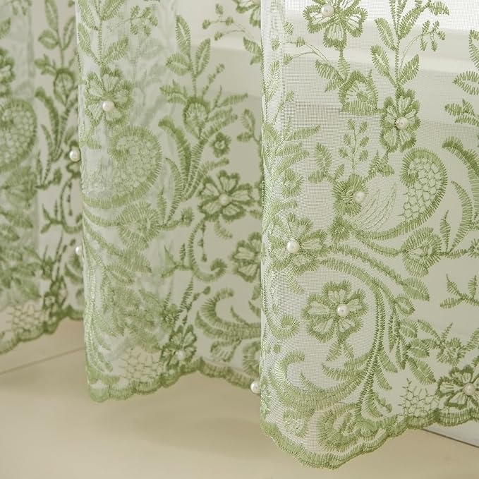 VISIONTEX White Sheer Voile Curtains, Decorative Green Embossed Butterflies Rod - Image 6