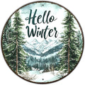 Round Christmas Metal Tin Sign Hello Winter Sign Christmas Pine Trees Welcome by GJXFTPTTBD