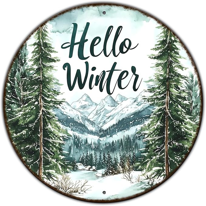 Round Christmas Metal Tin Sign Hello Winter Sign Christmas Pine Trees Welcome by GJXFTPTTBD