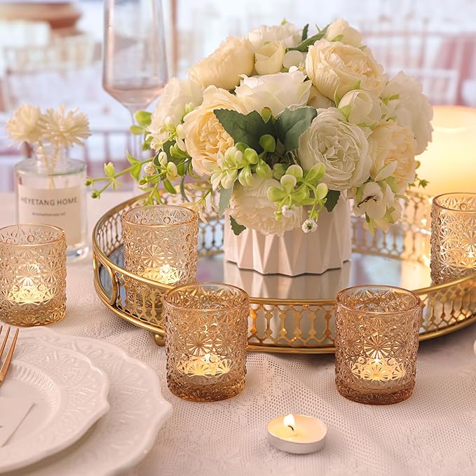 Gold Votive Candle Holder Set of 36, Flower Tea Lights Candles Holders - Image 3