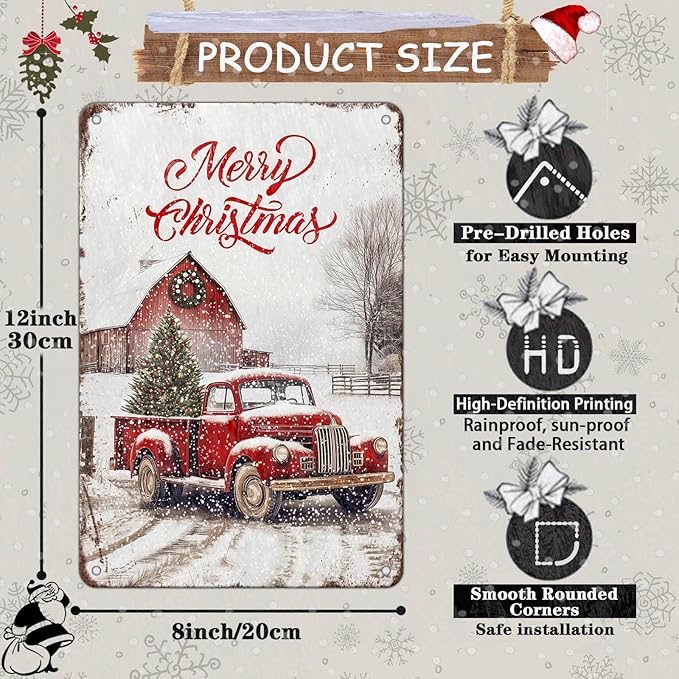 Vintage Christmas Red Truck Tin Sign Merry Christmas Truck Christmas Tree Metal - Image 2