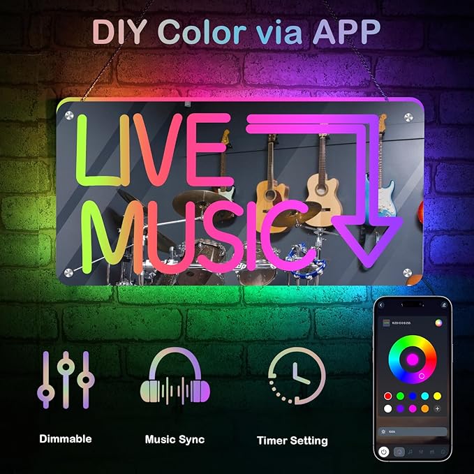 Live Music Neon Sign, Mirror LED Light Wall Décor - Image 5