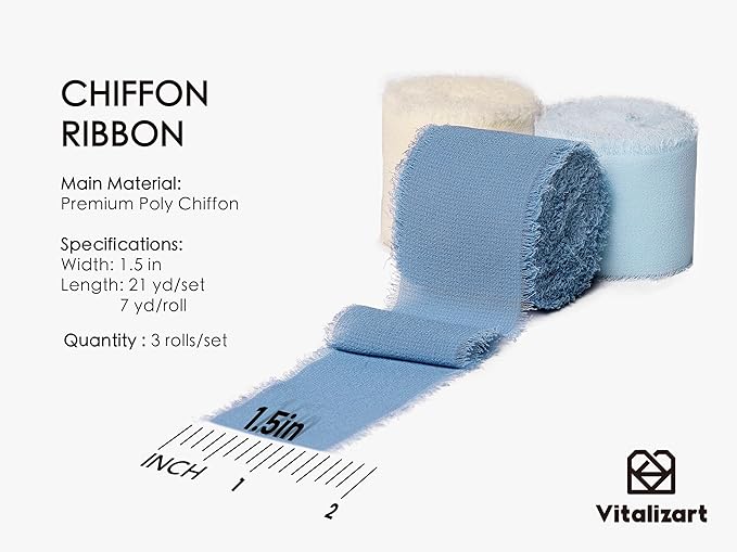 Vitalizart Blue Handmade Chiffon Silk Ribbon Fringe 1.5" x 21 Yd Dusty & Baby - Image 2