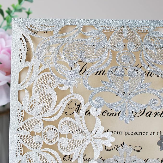 Hosmsua 6.3 x 6.3 Inch 50PCS Silver Glitter Laser Cut Hollow Lace Rose Wedding - Image 6