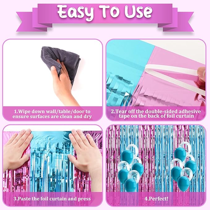 4 Pack 3.3x8.2 Feet Blue and Pink Foil Fringe Backdrop Curtains, Tinsel - Image 4