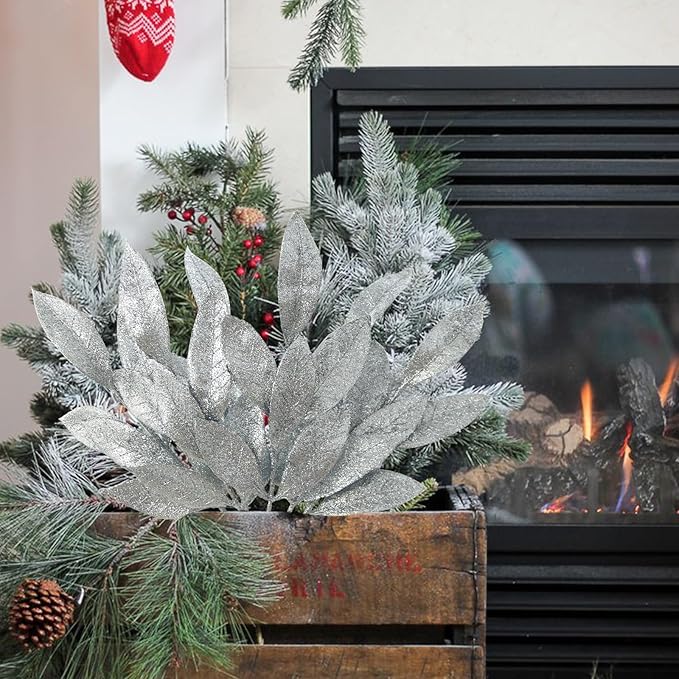 GREENTIME 12 Pack Artificial Silver Glitter Leaves 13" Fake Christmas Picks - Image 5